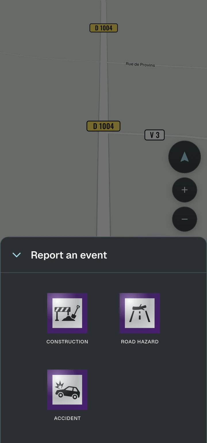 Speedix reporting screen: roadworks, hazard or accident