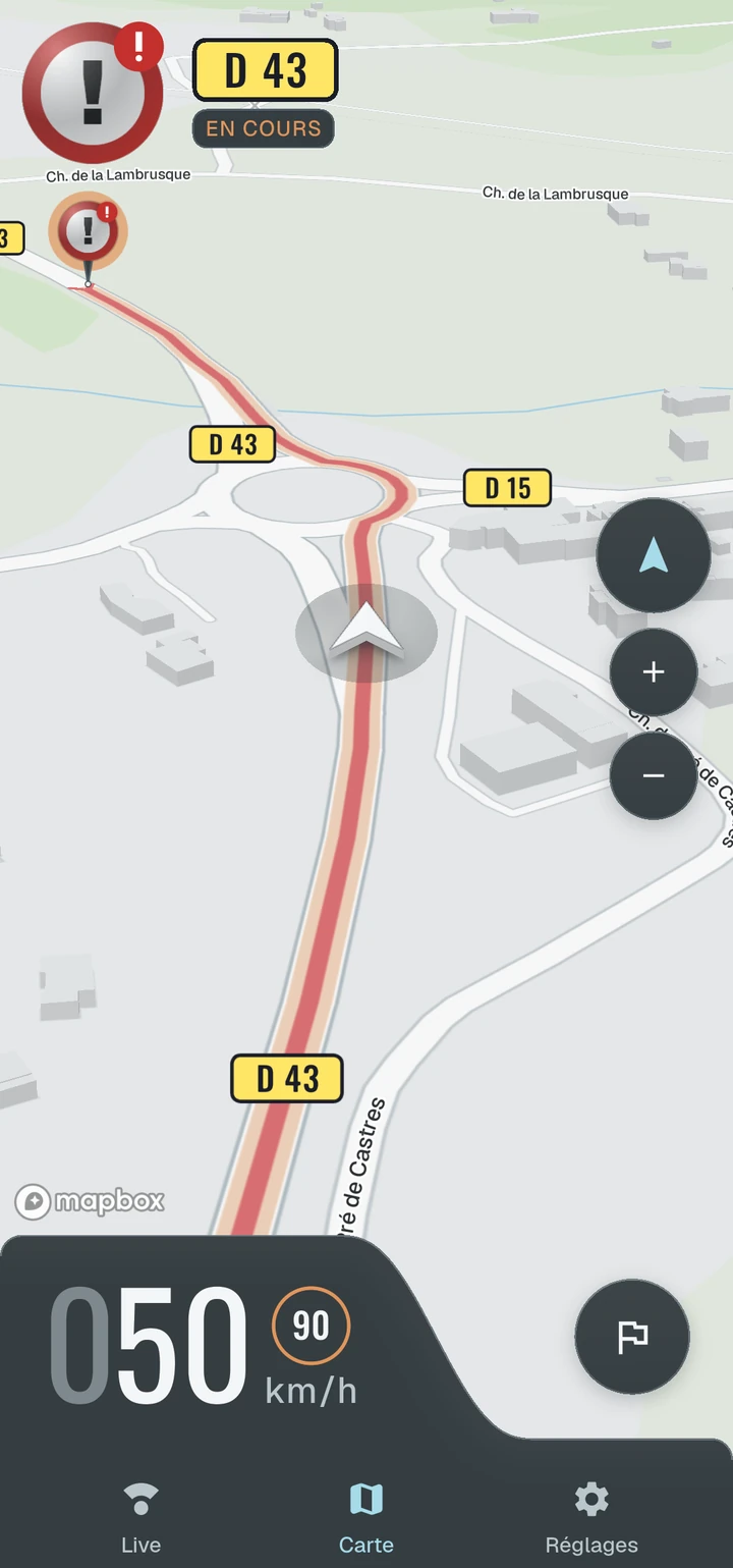 Carte Speedix affichant les zones de danger sur l'itinéraire